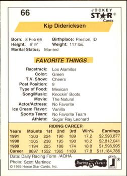 1992 Jockey Star #66 Kip Didericksen Back